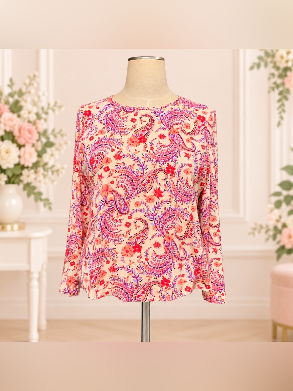 Women’s Lands’ End Paisley Floral Top Size XL Petite (18) Pink 3/4 Sleeve